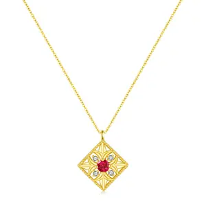 Exquisite golden clavicle chain 925 sterling silver red zirconia inlaid vintage pattern hollow square pendant necklace
