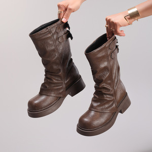 Botas Cortas de Invierno 2025, Color Sólido, Punta Redonda, Suela Gruesa, Estilo Retro, Ajustadas, Arrugadas, Elásticas, Sin Cordones - Product Image 4