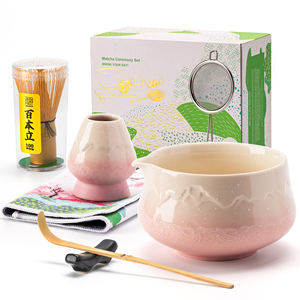 طقم شاي ماتشا ياباني بتصميم فوجي من تياناجو، مجموعة أدوات شاي تشمل خفاقة بامبو ووعاء مع مغرفة ومنخل، وعاء سيراميك وردي، طقم ماتشا - Product Image 1