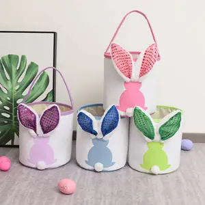 Glowing Easter Decorations 2024 New Easter Egg Basket Shiny Polka Dot Plush Rabbit Ear Easter Gift Bucket Candy Tote Bag