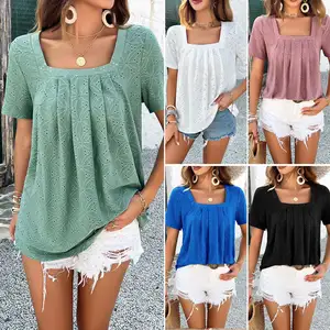 Hot Wholesale Versatile Tops Breathable Hollow Out Latest T-Shirt Casual Solid Color Short Sleeve Tops
