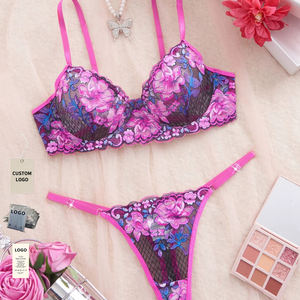 Conjunto de Lencería Femenina de 2 Piezas, Brasier y Tanga de Encaje Floral, Lencería Sexy Transparente para Mujer - Product Image 1