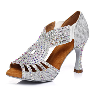Sandales de <span class=keywords><strong>danse</strong></span> en cuir pour femmes avec <span class=keywords><strong>strass</strong></span> argentés, talons de 6 à 9 cm, pour la <span class=keywords><strong>danse</strong></span> <span class=keywords><strong>latine</strong></span>, le tango, la rumba, la salsa, la <span class=keywords><strong>danse</strong></span> de salon, la valse, les mariages et les fêtes - Product Image 2