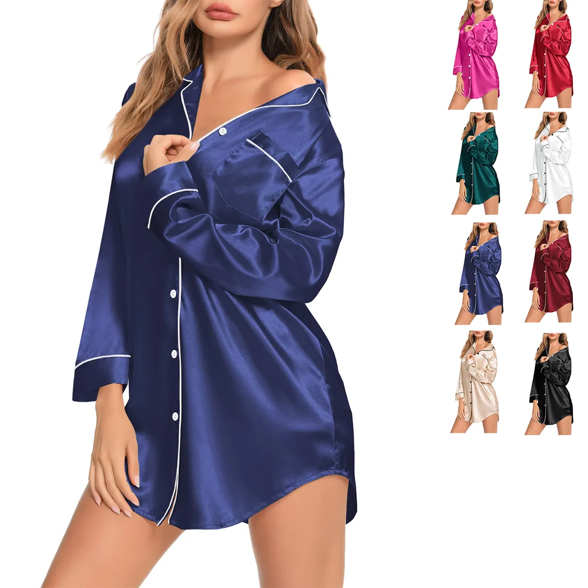 Üretici toptan kadın ipek saten bambu pamuk pijama Nightshirt düğme kadınlar için gece elbiseleri Pijamas pijama gömlek