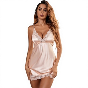 Camisón de Satén Elástico con Encaje, Escote en V Profundo, Vestido Lencero, Ropa de Dormir de Verano, Lencería Sexy - Product Image 1