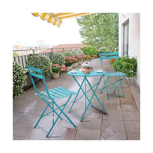 Venta al por mayor balcón ocio plegable jardín comedor sillas y mesa 3 uds Patio Metal Bistro muebles conjuntos