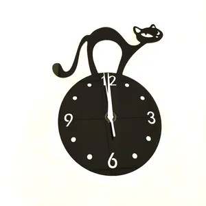 Reloj de espejo de pared acrílico de gato negro, decoración de pared del dormitorio, reloj de pared 3D de gato bonito acrílico, reloj de gato bonito moderno, decoración del hogar temblorosa