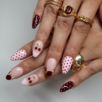 Offre Spéciale – Faux Ongles Amande 3D en Acrylique Rouge Vin Doux avec Nœud Cerise à Pois Français – Vente en Gros, Personnalisables, Faits Main, pour Usage Quotidien ou Rendez-vous