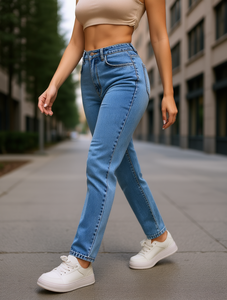 Jeans de Cintura Alta y Pierna Recta para Mujer, Pantalones de Mezclilla con Efecto Deslavado, Corte Regular, Estilo Urbano Chic, para Primavera - Product Image 2