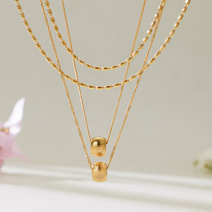 Dual Layer Rice Bead Chain Textured Round Ball Pendant <b>Stacked</b> <b>Necklace</b> - Product Image 1