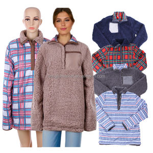 Winter Patch Pocket Sweatshirt <strong>Jumper</strong> <strong>Half</strong> <strong>Zip</strong> Plaid Fuzzy Jackets Fluffy Cozy Faux Fur Reversible Sherpa Jacket Fleece Pullover - Product Image 1