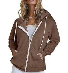 Damen voller Reißverschluss Hoodie lange Ärmel mit Kapuze Sweatshirts Taschen Jackett Mantel für Damen