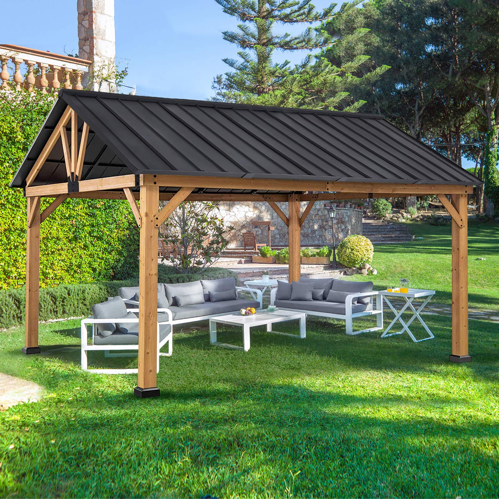 Wholesale 13'x11' Outdoor Cedar Framed Solid Wooden Pergola Gazebo with Black Steel Hardtop Roof Waterproof Aluminum Frame