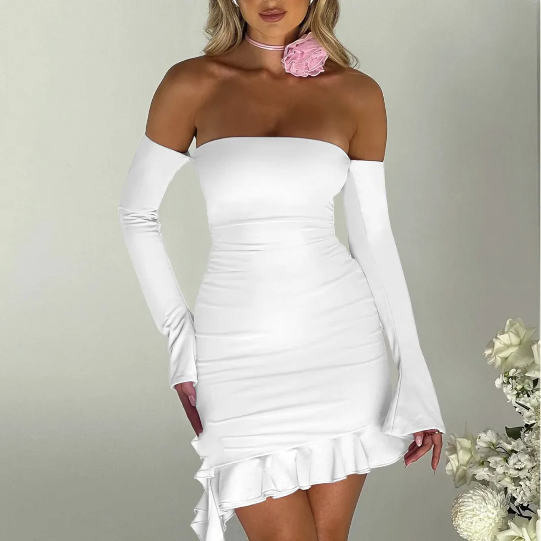 Yüksek kalite kapalı omuz Mini elbise beyaz mütevazı kulüp elbiseler seksi Bodycon elbise