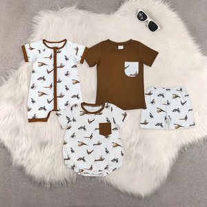 Ensemble de vêtements pour bébés garçons Longlv en gros – Combinaison décontractée en coton/élasthanne avec imprimé oiseau marron et short bulle – Tenues d'été pour tout-petits - Product Image 1