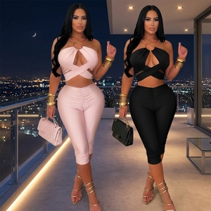 Nuevo Conjunto de Dos Piezas Metálico <span class=keywords><strong>para</strong></span> Mujer, Top Sexy con Aberturas y Pantalones Cortos, Ropa Ajustada de <span class=keywords><strong>Verano</strong></span> <span class=keywords><strong>para</strong></span> Mujer - Product Image 1