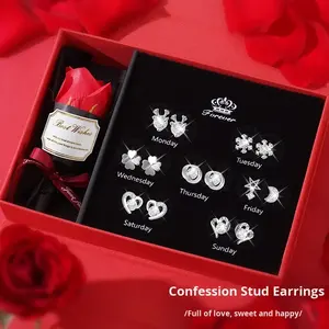 Ensemble de boucles d'oreilles en argent sterling de luxe pratiques et haut de gamme pour une semaine, coffret cadeau promotionnel pour l'anniversaire d'une fille, la Saint-Valentin, Noël - Product Image 1