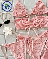 Baju Renang Wanita High Waist Tie Side Dua Potong Motif Cetak Bikini Set Pakaian Renang Bertekstur Berhias Manik-Manik OEM 2026