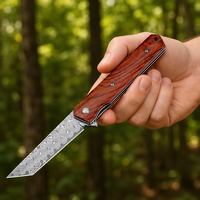 Couteau pliant de poche Damas, manche en bois, couteau tactique portable pour la chasse, le camping, la survie, outil de transport d'urgence DM008