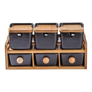 Set di 3 Zuccheriere in <span class=keywords><strong>Ceramica</strong></span> con Cucchiai e Coperchi in Bambù, Contenitori Quadrati in Porcellana per Condimenti e Spezie - Product Image 5