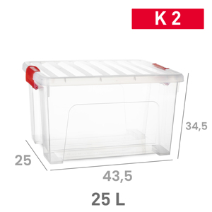 Scatola portaoggetti K2 da 25 litri in plastica trasparente con chiusure rosse per l'organizzazione della casa - Product Image 1