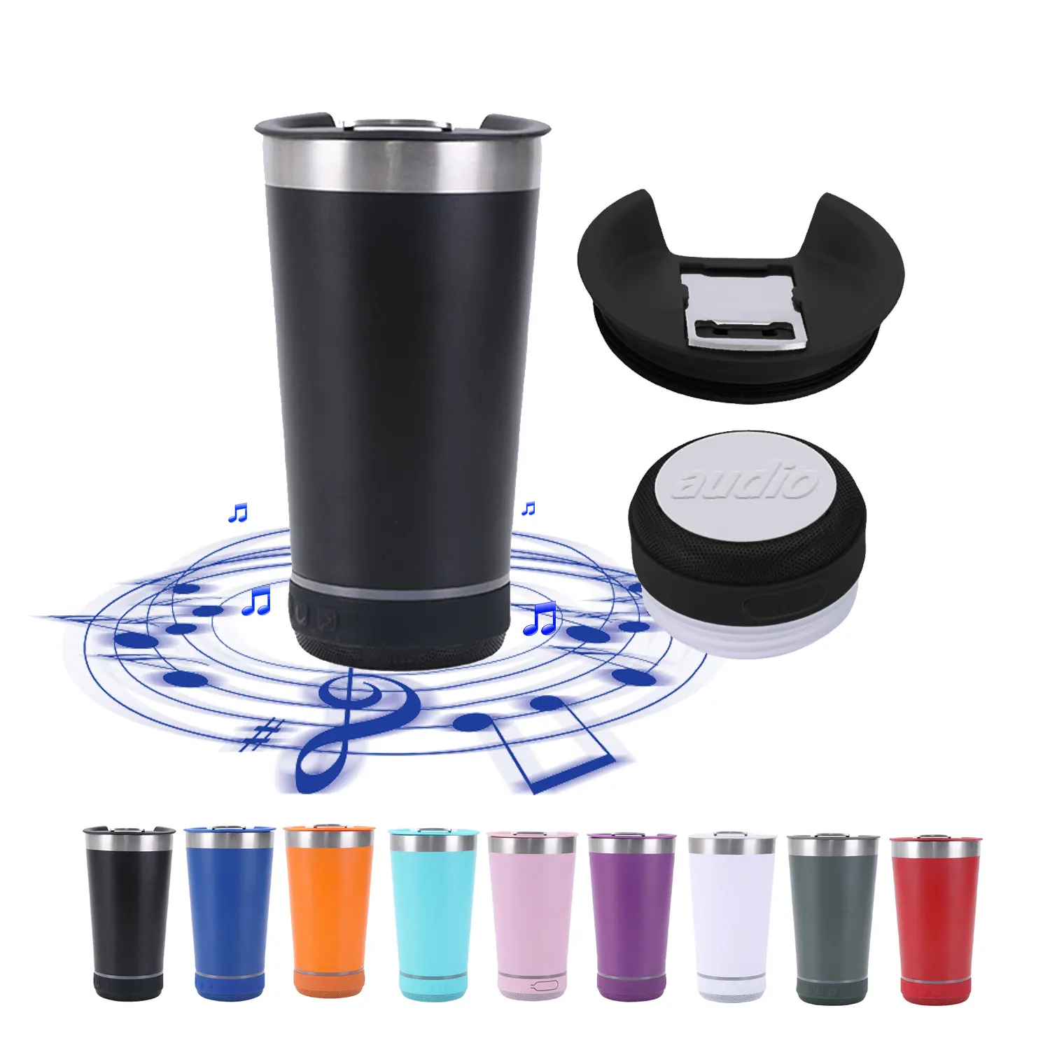 Ý tưởng sản phẩm mới 2024 đôi tường Bluetooth âm nhạc Loa Tumbler chân không uống cup với nắp trượt với Opener