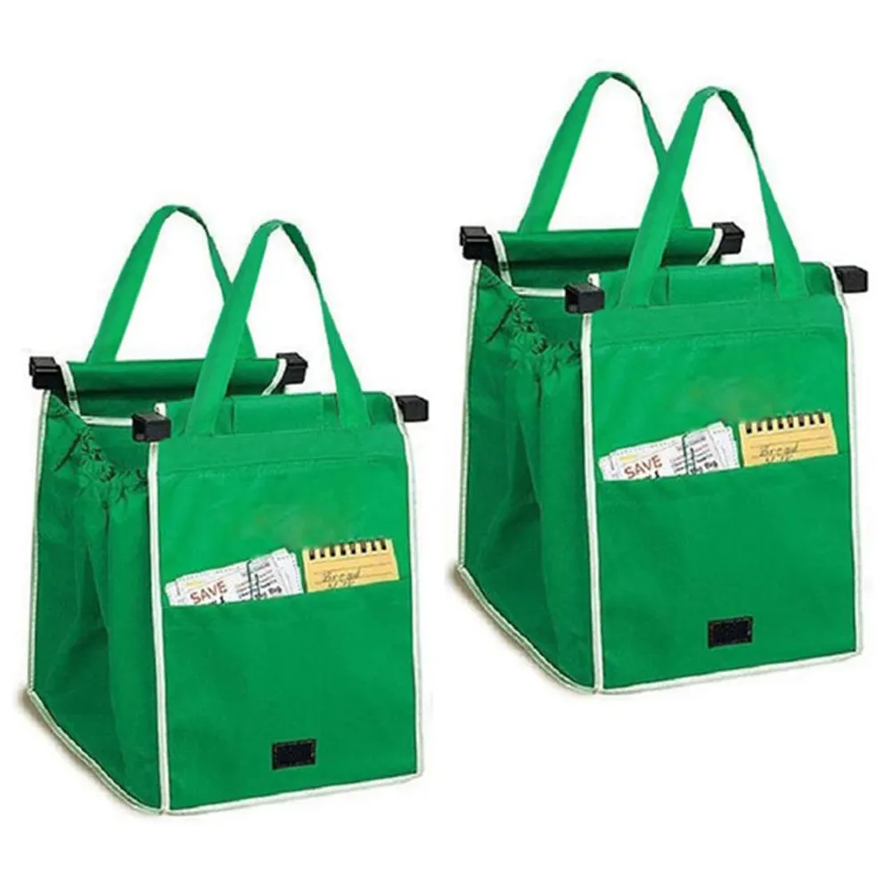 2 पैक पुन: प्रयोज्य शॉपिंग ट्रॉली बैग हड़पने और हैंडल के साथ जाना बैग बंधनेवाला किराने ढोना बैग, क्लिप पर शॉपिंग कार्ट