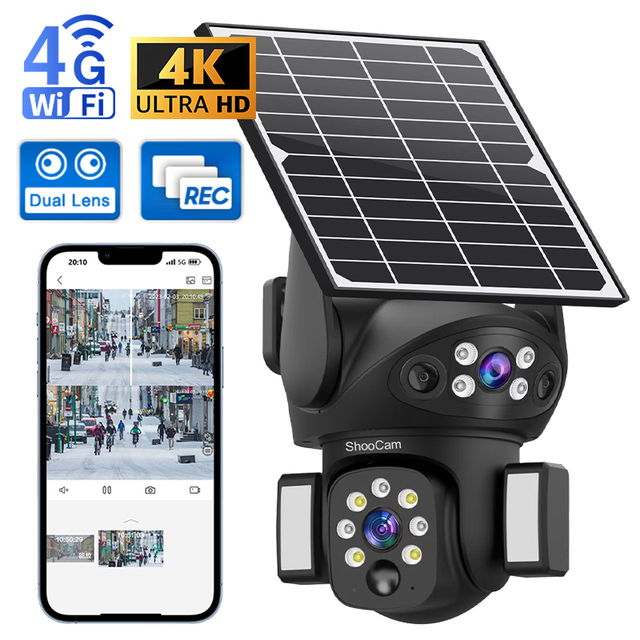 4K V380 Pro Solar Powered Surveillance Security PTZ CCTV Camera Dual Lens Wireless Outdoor 8MP WiFi 4G Sim Card Solar Camera