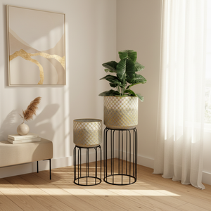 Juego <span class=keywords><strong>de</strong></span> 2 Macetas <span class=keywords><strong>de</strong></span> Piso Estilo Mid-Century con Soporte, Diseño Tejido, Degradado Blanco y Gris, Macetas <span class=keywords><strong>Grandes</strong></span> <span class=keywords><strong>de</strong></span> Metal para Interiores, 11.8"x29" 8.7"x21.7" - Product Image 1