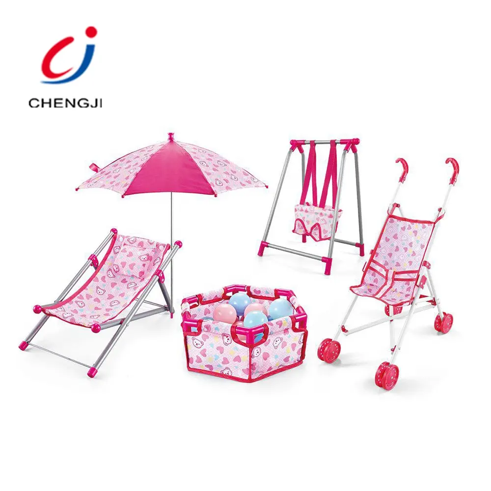Funny pretend play game plastic chair stroller 5 in 1 baby toy doll house play set