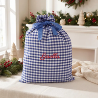 Sac de Noël personnalisé en tissu gingham avec nom brodé, sac cadeau du Père Noël réutilisable, chaussette de Noël