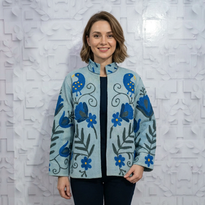 Premium Handcrafted Quilted 100% Cotton <b>Kantha</b> <b>Jacket</b> Beautiful Bird Floral Embroidery Windproof Reversible Ladies Winter Coat - Product Image 1