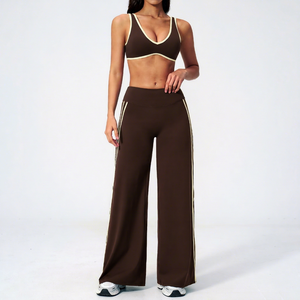 Custom Brown 2 Piece Yoga Set Spaghetti Strap <b>Crop</b> <b>Top</b> High Waist Flared Pants Contrast Binding Breathable Spandex Polyester - Product Image 1