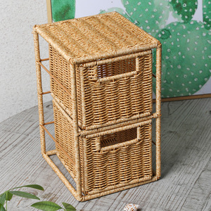 Faux Rattan Woven Desktop <b>Drawer</b> Organizer 2 <b>Drawers</b> Light Brown Cosmetic <b>Storage</b> Box Makeup Organizers - Product Image 2