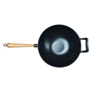 Anufacturer-<span class=keywords><strong>Wok</strong></span> de hierro fundido antiadherente de fondo plano chino tradicional presazonado con mango de madera, venta al por mayor - Product Image 5