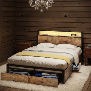 Lit double moderne avec étagère intégrée rétroéclairée, cadre en bois rustique, tiroirs de rangement, lumières LED, métal solide - Product Image 5