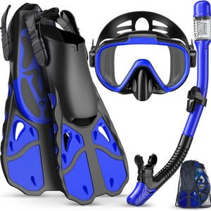 Kit de plongée en apnée pour adultes avec masque anti-buée, palmes et tuba sec, ensemble trois pièces bleu noir - Product Image 1