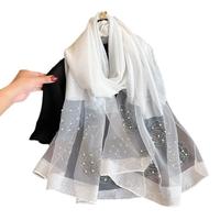 Nouveaux Foulards en Soie Imitée Couleur Unie 2025 pour Femmes – Châles Longs, Larges, Légers, Fins et Doux avec Perles – Écharpe Hijab