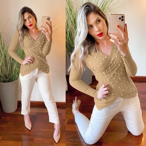 CY600006-camisetas informales para Mujer y niña, camisetas acanaladas de manga larga con cuello en V profundo, envoltura cruzada, Top plisado ajustado para Mujer - Product Image 3