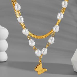 Collar de Acero Inoxidable con Diseño de Perlas Planas Doradas de Doble Capa para Mujer, Estilo Hip Hop, para Fiestas - Product Image 4