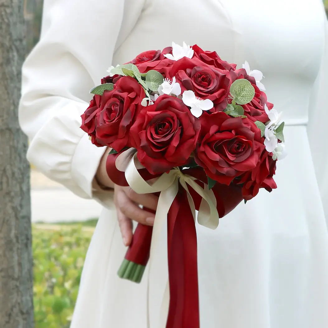 SPH037 simüle kırmızı gül gelin yarım top tutan yapay çiçek geleneksel çin evlilik gelin düğün buketi