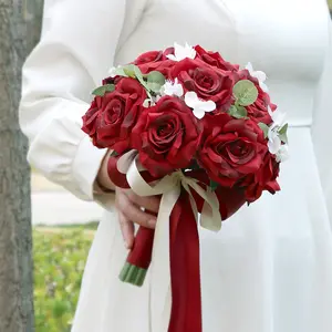 Buquê de noiva com rosas vermelhas simuladas SPH037, buquê de flores artificiais para casamento tradicional chinês, meia bola para noiva