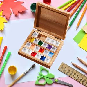 Étui de plateau de <span class=keywords><strong>palette</strong></span> de peinture aquarelle <span class=keywords><strong>en</strong></span> bois avec 24 pièces grilles de demi-casseroles lavables blanches fournitures d'art professionnelles pour les voyages d'artistes - Product Image 2