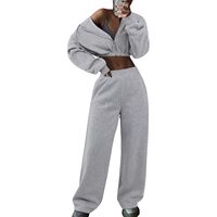 Ensemble de survêtement 2 pièces pour femme LovelyWholesale : sweat à capuche court zippé et pantalon de jogging décontracté respirant gris