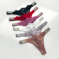 Culotte string bikini transparente en strass avec logo personnalisé pour femme, sous-vêtement drôle en dentelle pour femme