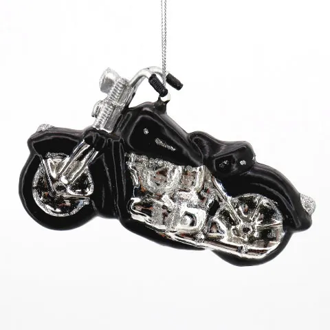 La migliore vendita Holiday Black Motorcycle shape Hanging Decoration Glass Glitter Christmas Ornament kid gift car decor