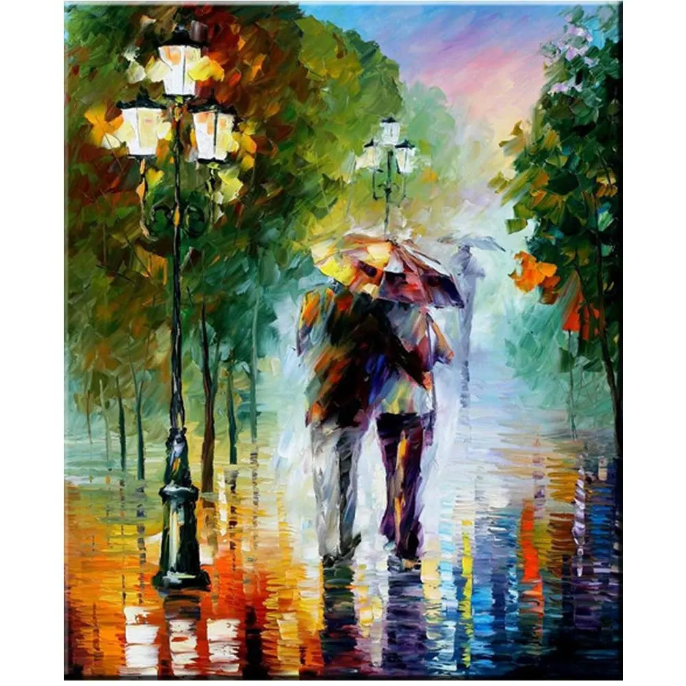 Wall Art Handmade Texture Oil Painting Rain Love Couple In Street Canvas Painting Home Decor