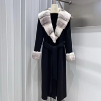 Manteau long de luxe pour femme en laine et cachemire avec poignets contrastants en fourrure de vison et col en fourrure de vison