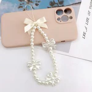 2024 Fashion Pearl Bow Tie Beaded Phone Charm For Women Cellphone Strap Beaded Diy Acrylic Phone Chain Butterfly Pearl Keychain