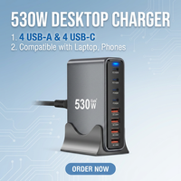 Adaptateur secteur GaN 8 ports 530W, chargeur rapide PD 3.0 avec ports USB pour téléphone portable, pour ordinateur portable, chargeur de bureau 100W max
